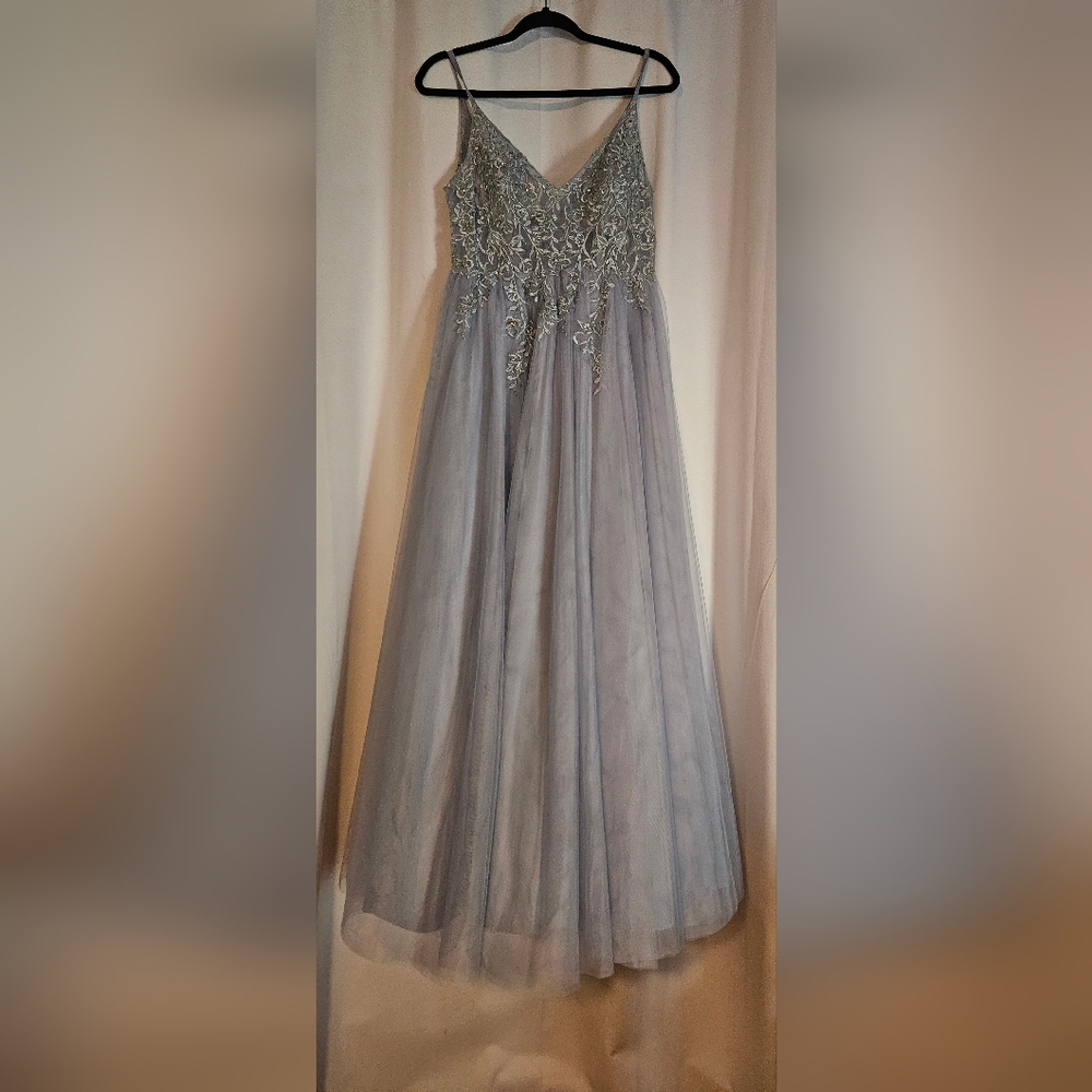 Blue Gray Embroidered Prom Dress